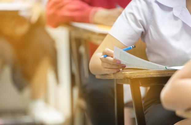 Young girl sitting at school desk and reading.